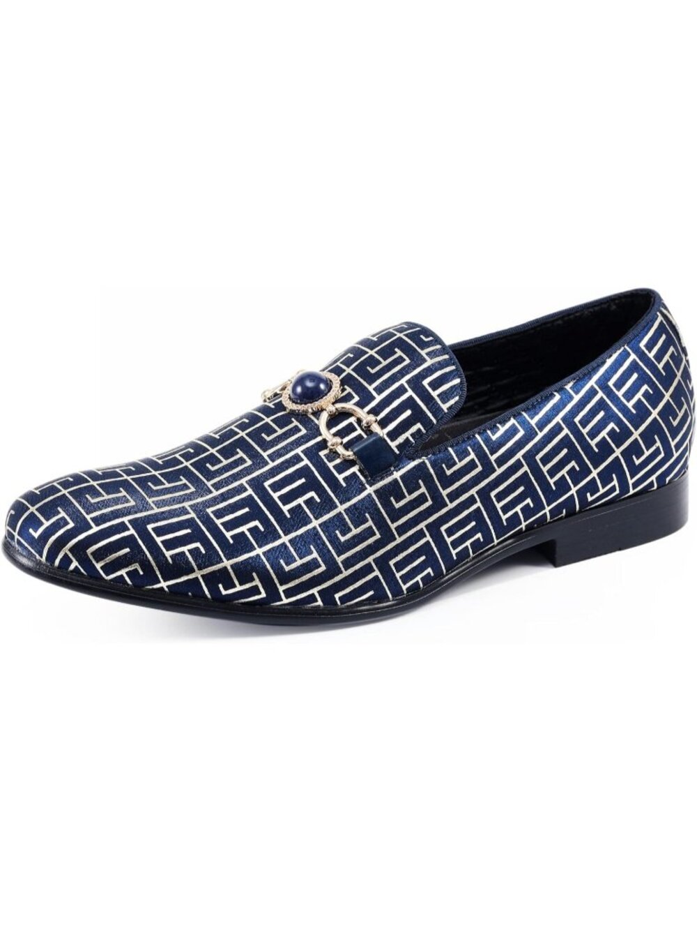 Amali Men's Navy Blue Geometric Print Loafers Gold Buckle Slip On Wedding Shoes